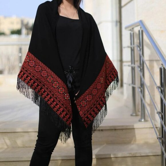 Shawl Palestinian Embroidery Black And Red Tatreez - NWOT - Picture 2 of 3